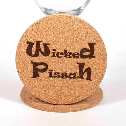 4 inch diameter cork coaster engraved with Wicked Pissah - Dailey Woodworking