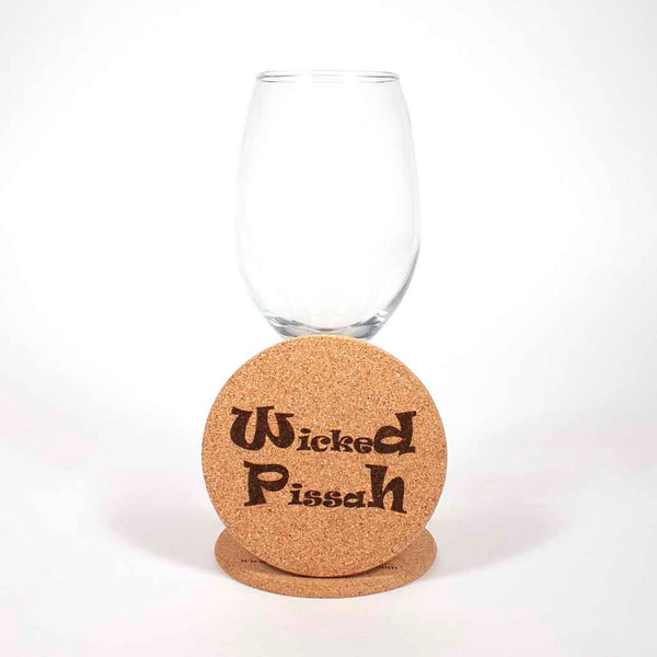 4 inch diameter cork coaster engraved with Wicked Pissah - Dailey Woodworking
