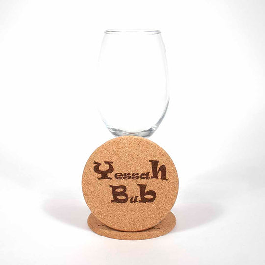 4 inch diameter cork coaster engraved with Yessah Bub view 2 - Dailey Woodworking