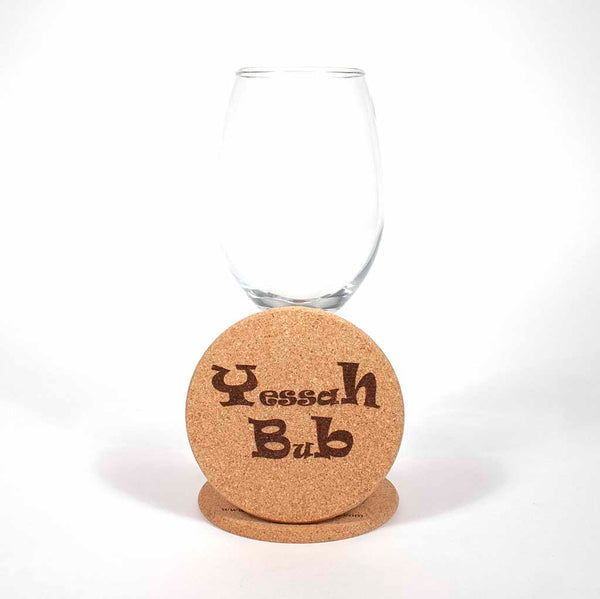 4 inch diameter cork coaster engraved with Yessah Bub view 2 - Dailey Woodworking
