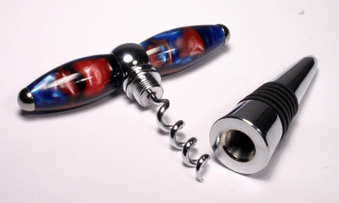 Corkscrew and bottle stopper combination made in Red, Blue and Black Swirl Acrylic - Dailey Woodworking