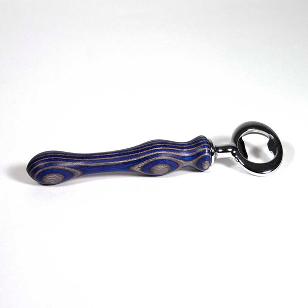 Laminated blue and charcoal bottle opener, chrome plated - Dailey Woodworking