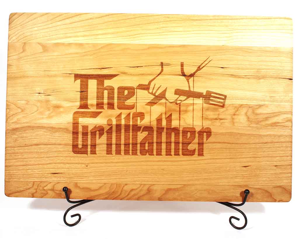 Cherry Cutting Board with Grillfather engraved on it, 17"W x 11"H with juice groove view 2 - Dailey Woodworking