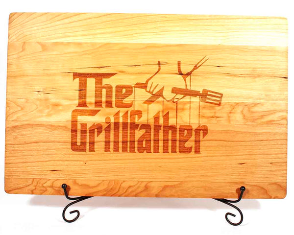 Cherry Cutting Board with Grillfather engraved on it, 17"W x 11"H with juice groove view 2 - Dailey Woodworking