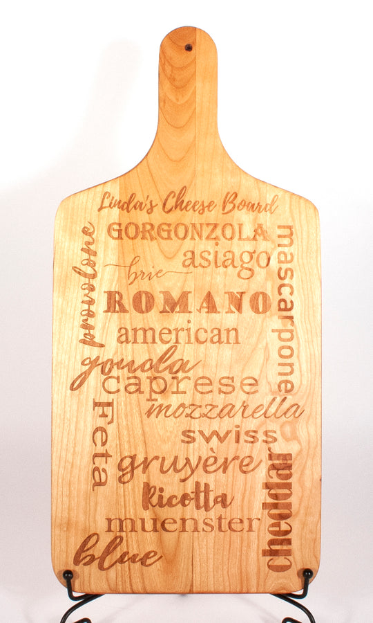 Personalized - Engraved, handled cutting/serving board made from Cherry wood. This board is 8 inches wide by 17 inches long. - Dailey Woodworking 