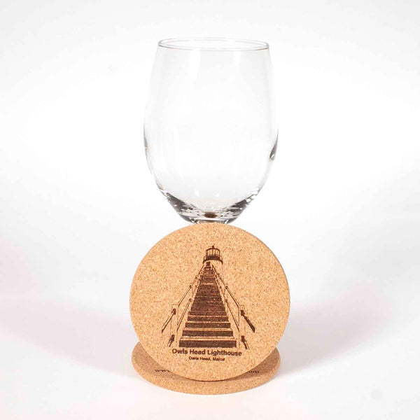 Cork Coaster with image of Owls Head Lighthouse laser engraved onto it view 2 - Dailey Woodworking