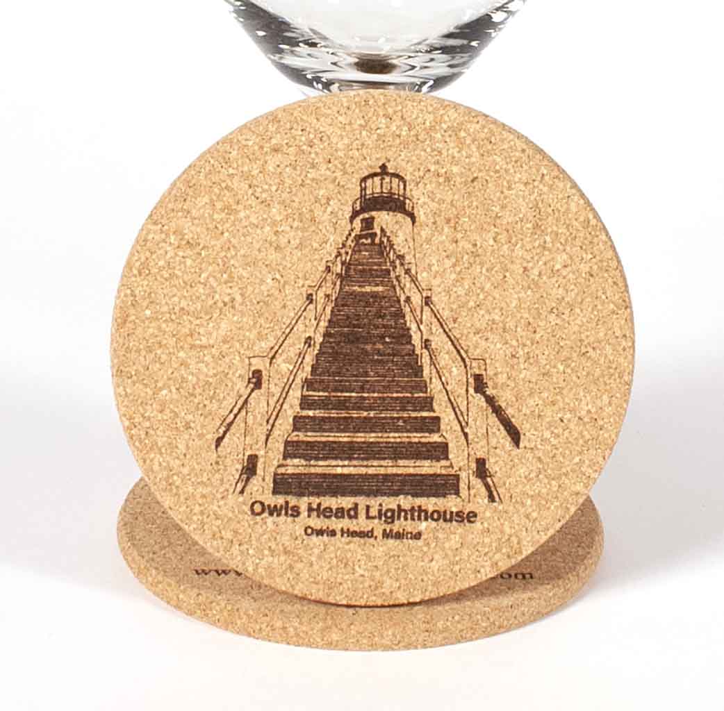Cork Coaster with image of Owls Head Lighthouse laser engraved onto it - Dailey Woodworking