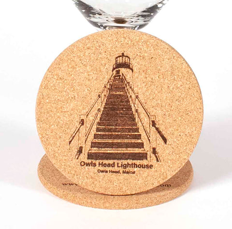 Cork Coaster with image of Owls Head Lighthouse laser engraved onto it - Dailey Woodworking