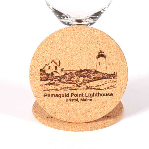 Cork Coaster with image of Pemaquid Point Lighthouse engraved on it - Dailey Woodworking