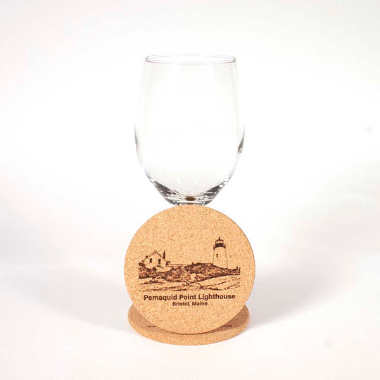 Cork Coaster with image of Pemaquid Point Lighthouse engraved on it, image 2 - Dailey Woodworking