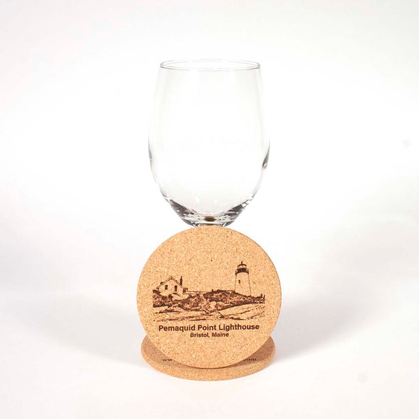 Cork Coaster with image of Pemaquid Point Lighthouse engraved on it, image 2 - Dailey Woodworking