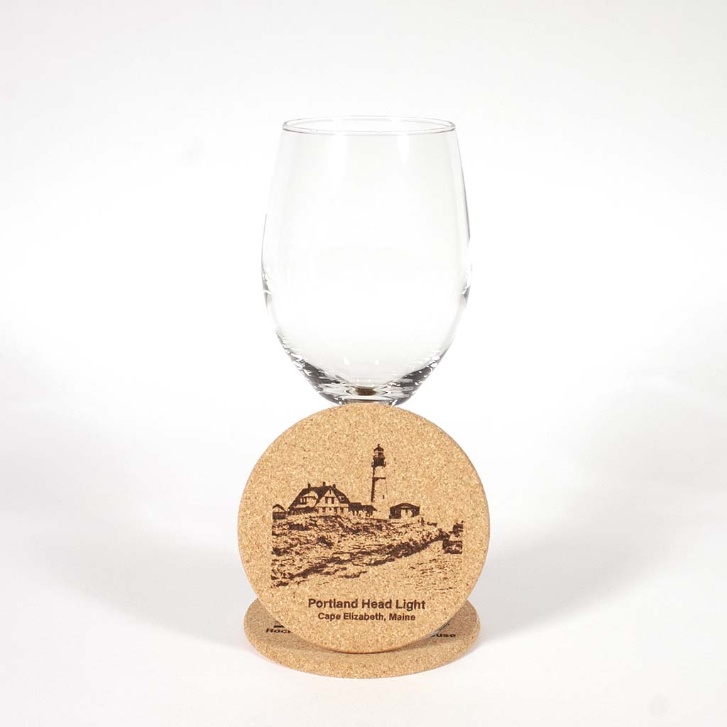 Cork Coaster with image of Portland Head Light engraved on it - Dailey Woodworking