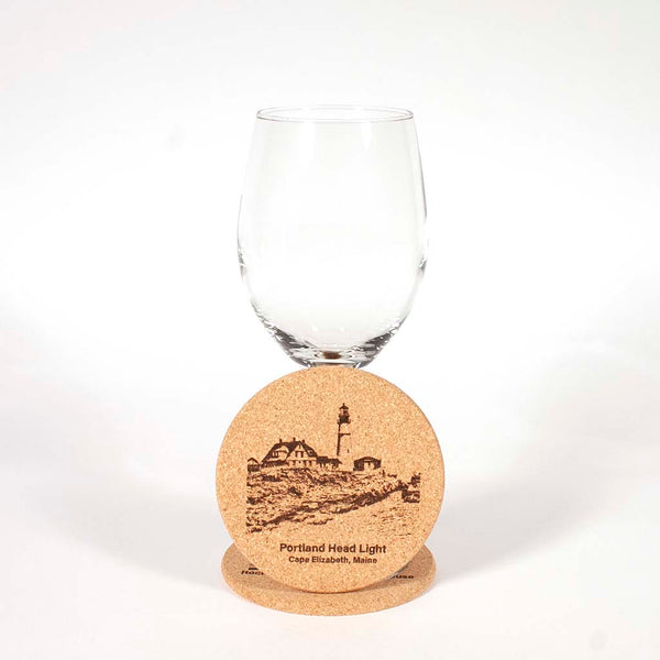 Cork Coaster with image of Portland Head Light engraved on it - Dailey Woodworking