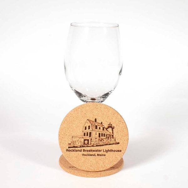 Cork Coaster with image of Rockland Breakwater Lighthouse laser engraved onto it, image 2 - Dailey Woodworking