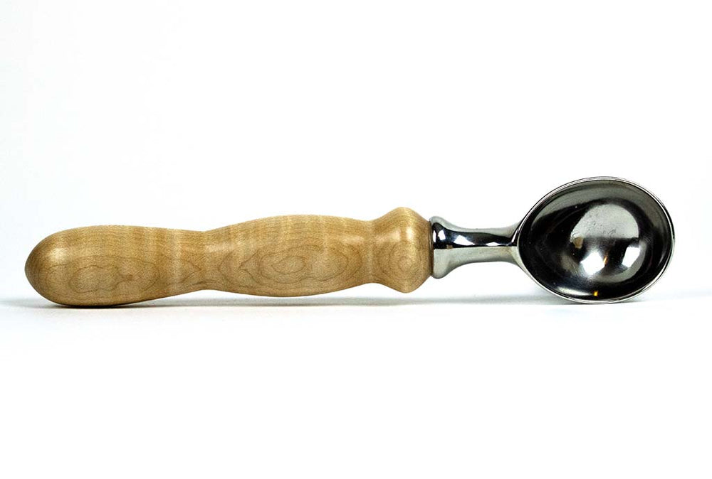 Stainless Steel Ice Cream Scoop with Curly Maple Wooden Handle view 2 - Dailey Woodworking