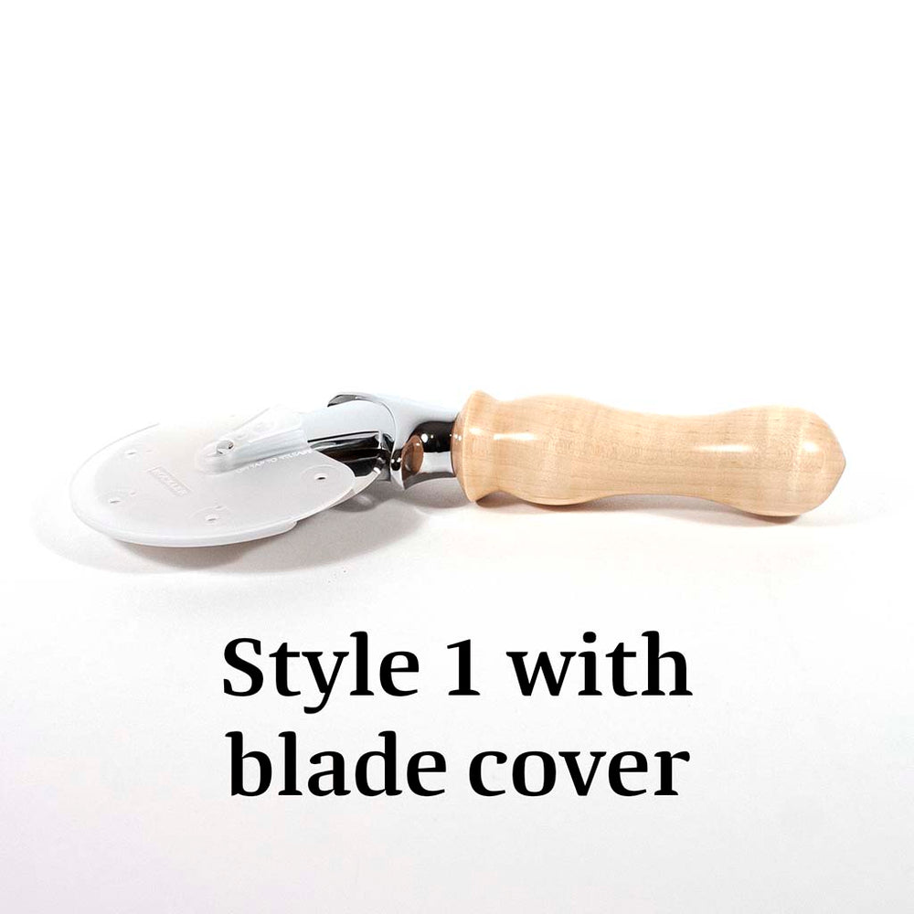 Curly Maple Pizza Cutter style 1 with blade cover - Dailey Woodworking