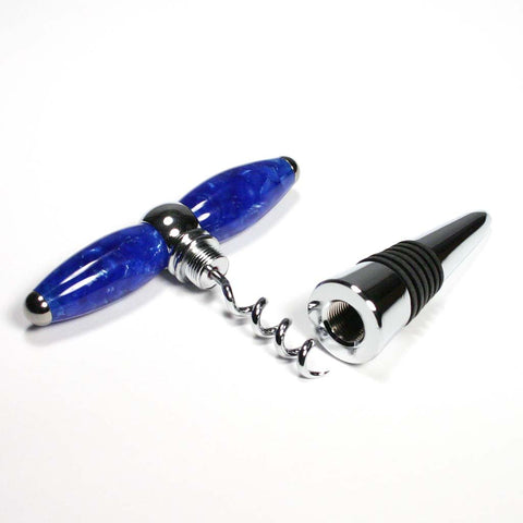 T-handled corkscrew and bottle stopper combination made in Blue Fleck acrylic - Dailey Woodworking